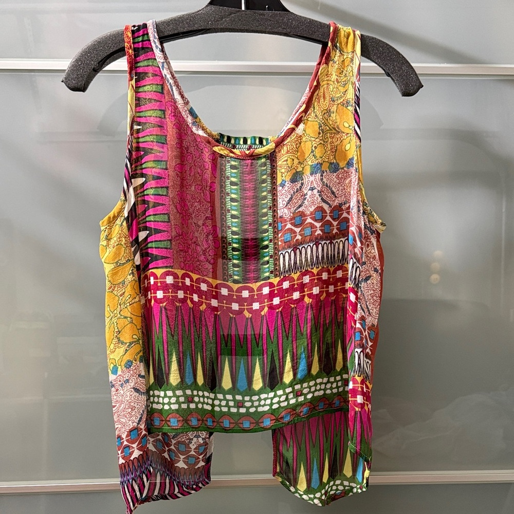 Patrons of Peace Pink Yellow Green Patterned Tank Top